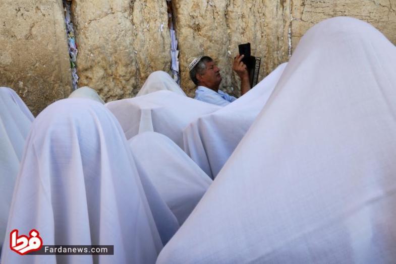 در این تصویر عبادت کننده یهودی را مشاهده می کنید که در حال فیلم برداری یا عکاسی از این فضای جشن و سایه بان ها است. 